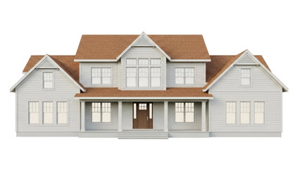 Large two-story house with brown roof isolated PNG, modern American home design on transparent background for architecture projects