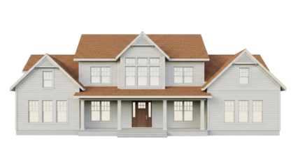 Large two-story house with brown roof isolated PNG, modern American home design on transparent background for architecture projects