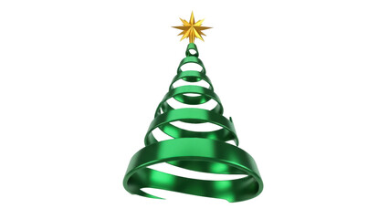 Green spiral Christmas tree with gold star isolated PNG, modern holiday decoration on transparent background for festive design projects