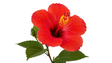 Vibrant red hibiscus flower isolated PNG, tropical bloom with yellow stamen on transparent background, exotic floral design element
