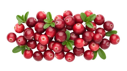Pile of fresh cranberries PNG isolated on transparent background, vibrant red berries with green leaves for healthy eating and festive designs