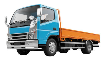 Blue and orange flatbed truck isolated PNG on transparent background, commercial vehicle for delivery and transportation services