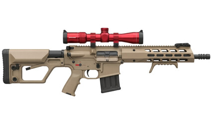 Tan AR-15 rifle with red scope isolated PNG, modern sporting rifle for hunting, target practice, and tactical applications