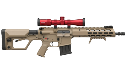 Tan AR-15 rifle with red scope isolated PNG, modern sporting rifle for hunting, target practice, and tactical applications