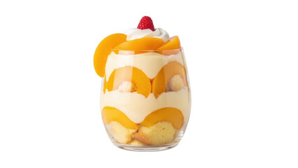 Delicious peach trifle in glass isolated PNG, layered dessert with fruit and cream on transparent background, sweet treat for summer