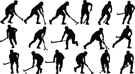 Ice hockey player silhouette set illustration, dynamic skating shooting poses collection, professional winter sports action figures isolated on white background
