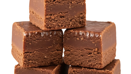 Delicious chocolate fudge squares stacked isolated PNG, sweet dessert treat for confectionery and bakery projects on transparent background