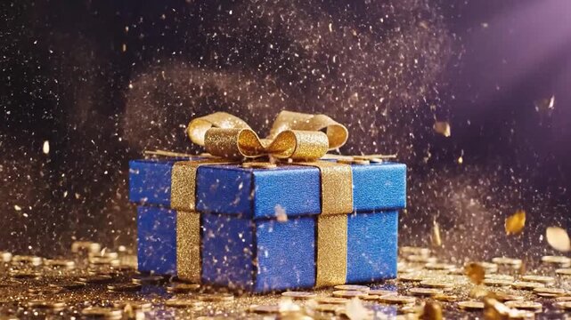 Gift box exploding gold confetti celebration concept