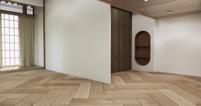 Shelf wall desigm on living room,Clean room wooden  japanese minimalist room interior, 3D rendering