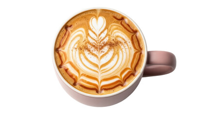 Latte art in a pink mug isolated PNG, coffee drink with heart and leaf design on transparent background for cafe menu and social media