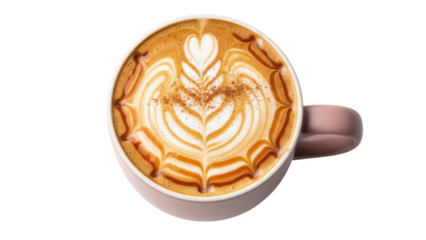 Latte art in a pink mug isolated PNG, coffee drink with heart and leaf design on transparent background for cafe menu and social media