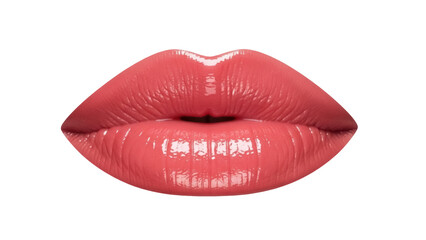 Glossy coral lips isolated PNG on transparent background, close-up of plump mouth with shiny lipstick for beauty and fashion design