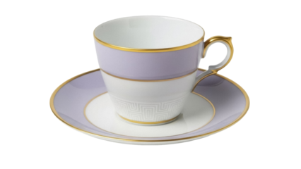 Elegant lavender and gold teacup and saucer isolated PNG, fine bone china tableware for afternoon tea and special occasions