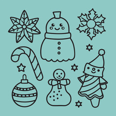 Fototapeta premium Cute cartoon vector set of Christmas Vector elements featuring a snowman with a winter hat and decorated tree with a star, gift, and Santa Claus symbols for a happy New year holiday celebration