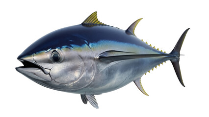 Yellowfin tuna isolated PNG on transparent background, a large saltwater fish with vibrant yellow fins and a streamlined body, marine wildlife