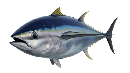 Yellowfin tuna isolated PNG on transparent background, a large saltwater fish with vibrant yellow fins and a streamlined body, marine wildlife