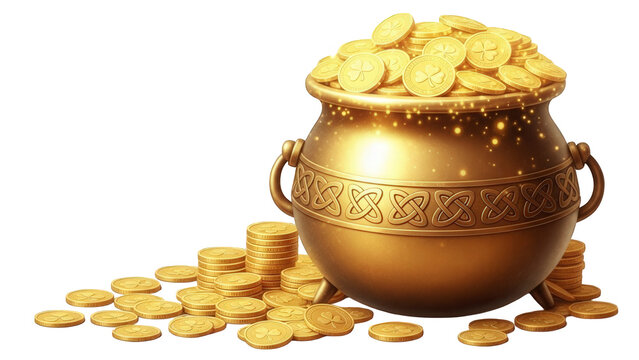 A large ornate golden pot filled with gold coins on a white surface with some coins scattered around it isolated on transparent background
