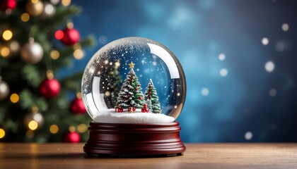 A snow globe with miniature trees sits on a table, Christmas tree background
