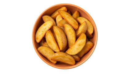 Golden potato wedges in a bowl isolated on transparent background PNG, delicious baked appetizer for snack or side dish