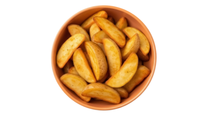 Golden potato wedges in a bowl isolated on transparent background PNG, delicious baked appetizer for snack or side dish
