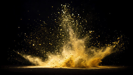 Golden powder explosion against black background