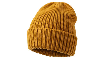 Mustard yellow knitted beanie hat isolated PNG, warm winter headwear for fashion apparel and cold weather protection on transparent background