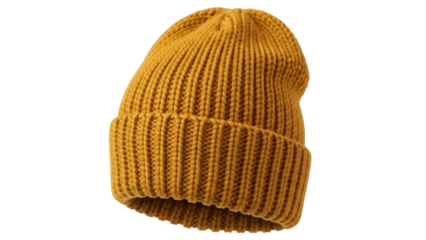 Mustard yellow knitted beanie hat isolated PNG, warm winter headwear for fashion apparel and cold weather protection on transparent background