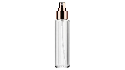 Elegant clear glass spray bottle with gold accents isolated PNG, refillable container for beauty products on transparent background