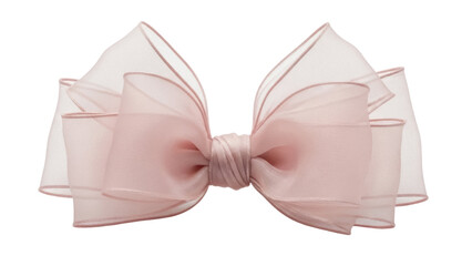 Elegant light pink ribbon bow isolated PNG, delicate fabric hair accessory for fashion, gift wrapping and decoration on transparent background