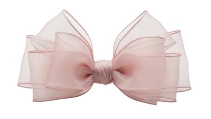Elegant light pink ribbon bow isolated PNG, delicate fabric hair accessory for fashion, gift wrapping and decoration on transparent background