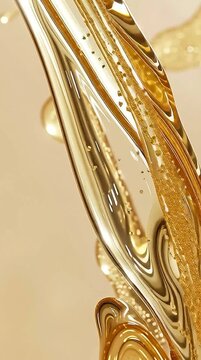 Golden liquid oil flowing smoothly with air bubbles in macro close up slow motion view