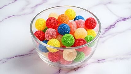 Colorful Gumballs in Glass Bowl on Marble