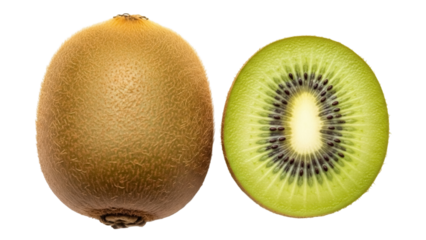 Fresh kiwi fruit and a half isolated PNG, vibrant green flesh with black seeds on transparent background, healthy eating and tropical fruit