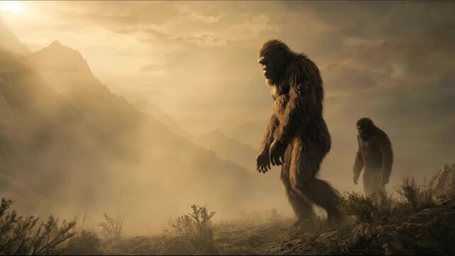 Two bigfoot creatures walk through mountains at sunset. Humanoid cryptid in prehistoric land. Concept of mythical beast or ancient gathering.