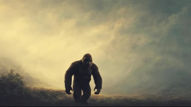 Gorilla-like australopithecine walks across grassy landscape, concept of ancient human ancestor evolution and movement