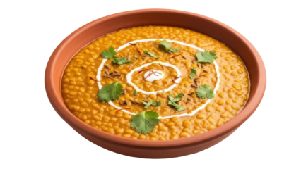 Delicious dal makhani in a clay bowl isolated PNG, creamy lentil soup with cream and cilantro garnish on transparent background
