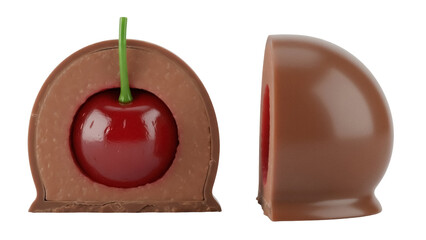 Chocolate covered cherry candy cut in half isolated PNG, delicious dessert with sweet fruit filling on transparent background