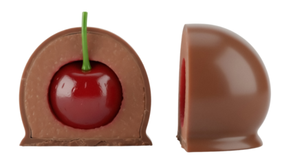 Chocolate covered cherry candy cut in half isolated PNG, delicious dessert with sweet fruit filling on transparent background