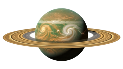 Saturn-like planet with rings and lightning isolated PNG, gas giant with swirling clouds on transparent background, space exploration and science fiction concept