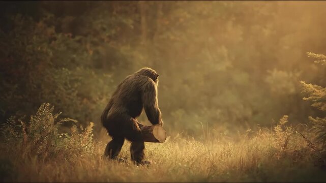 Primate collecting wood stick acting as australopithecus looking for resource. Nature habitat and survival concept.