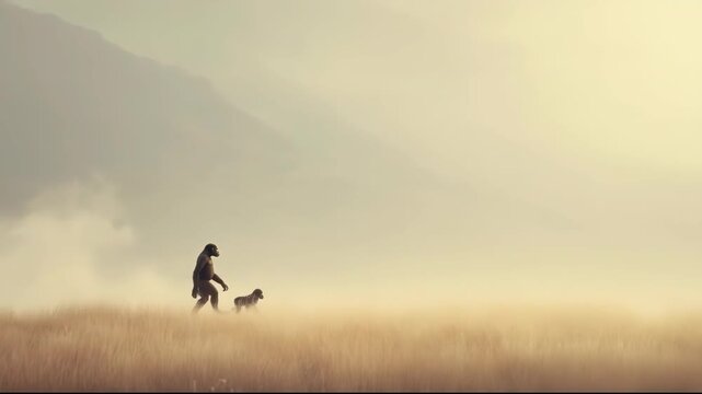 Early hominid walking with a primate in vast grass landscape, ancient human and australopithecus collecting food, prehistoric era of species