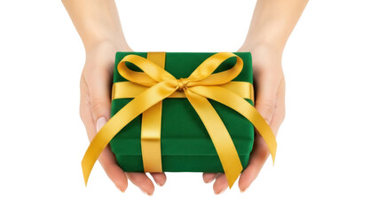 Green gift box with golden ribbon held in hands isolated PNG, present for special occasion on transparent background