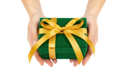 Green gift box with golden ribbon held in hands isolated PNG, present for special occasion on transparent background
