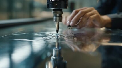 Footage showing a technician using precision tools to create intricate gloss finishes on a modern architectural panel emphasizing innovative surface treatments.