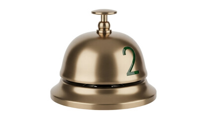 Golden hotel reception bell with number 2 isolated PNG, service call for assistance and room service on transparent background