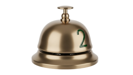 Golden hotel reception bell with number 2 isolated PNG, service call for assistance and room service on transparent background