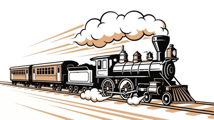 Vintage Steam Train with Passenger Cars Moving on Tracks Illustration © StockStudio