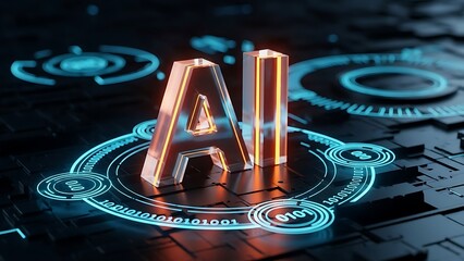 Glowing AI text with digital circuit patterns and binary code artificial intelligence