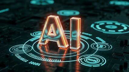 Glowing AI letters on futuristic digital circuit board with binary code artificial