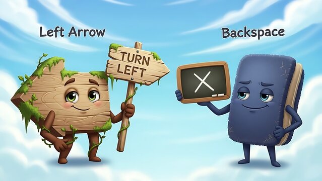 Cartoon computer keys left arrow and backspace holding signs